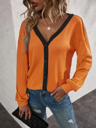 New Women's Top Waffle Long Sleeve Cardigan T-shirt - Pumpkin Orang - View 1