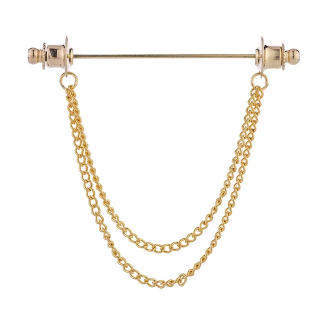 Metal Chain Tassel Pin Men's Shirt Bar Shaped Pin Suit Collar Pin Collar Buckle Accessories Round Head Gold Double Chain - Shop at LoveMi