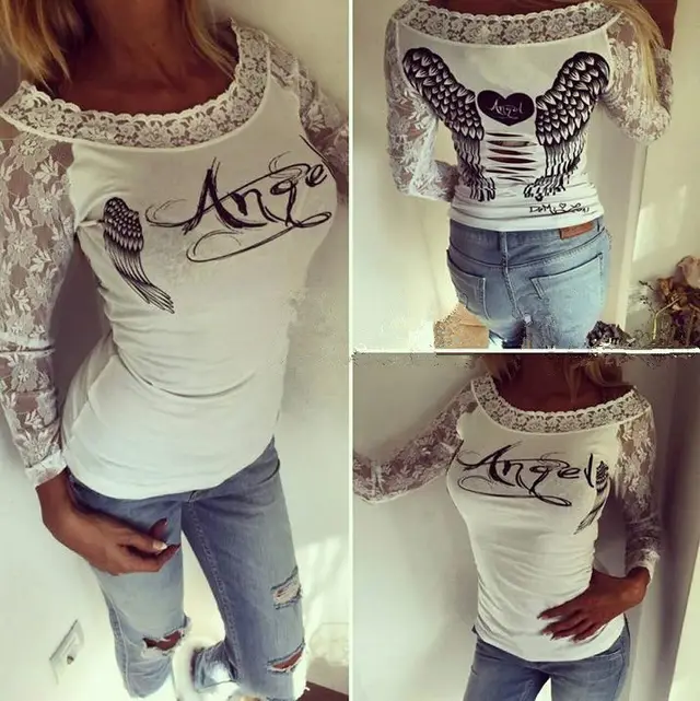 Angel Wings Heart shaped Printed Lace Burning Flower All match T shirt B434 White - Shop at LoveMi