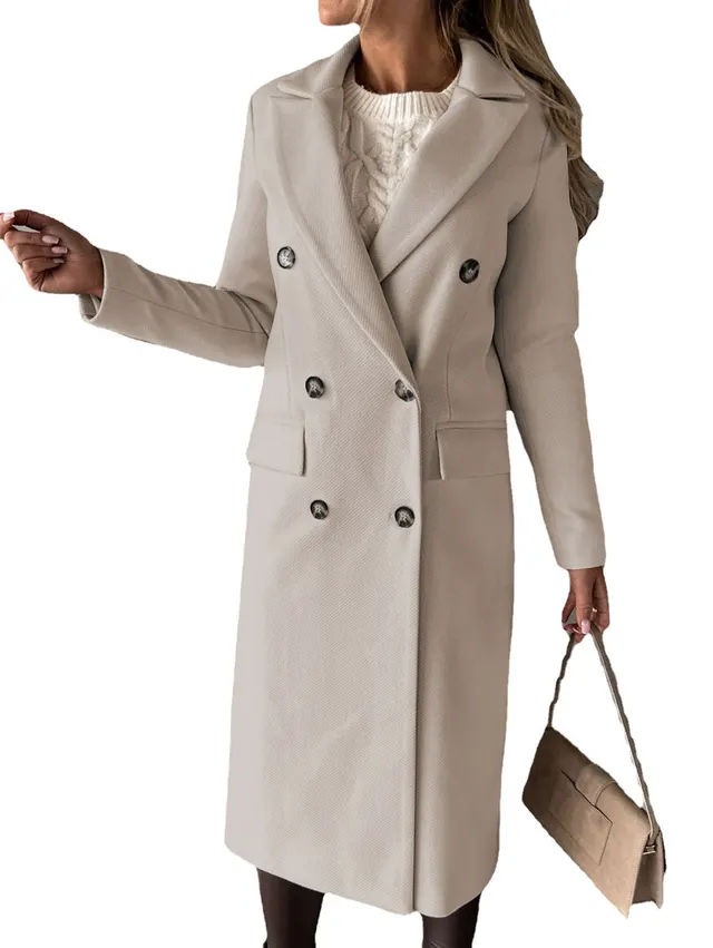 Double Breasted Lapel Coat Winter Fashion Solid Slim Long Jacket Long Sleeve Tops Womens Clothing Beige - Shop at LoveMi