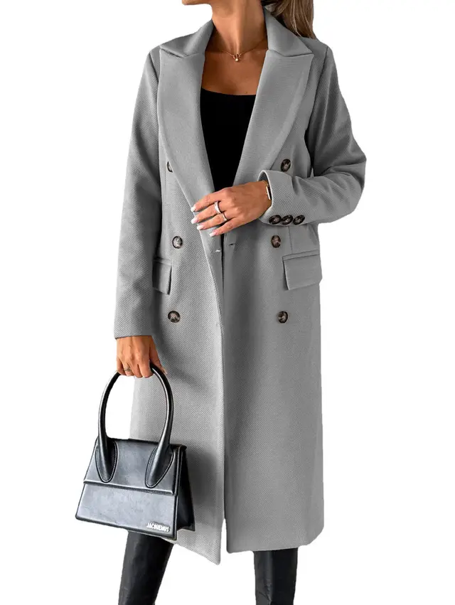 Double Breasted Lapel Coat Winter Fashion Solid Slim Long Jacket Long Sleeve Tops Womens Clothing Light Grey - Shop at LoveMi