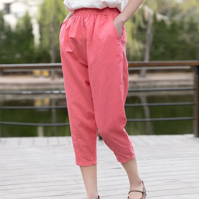 Spring And Summer Cotton Linen Women's Literary Casual Pants Pink - Shop at LoveMi