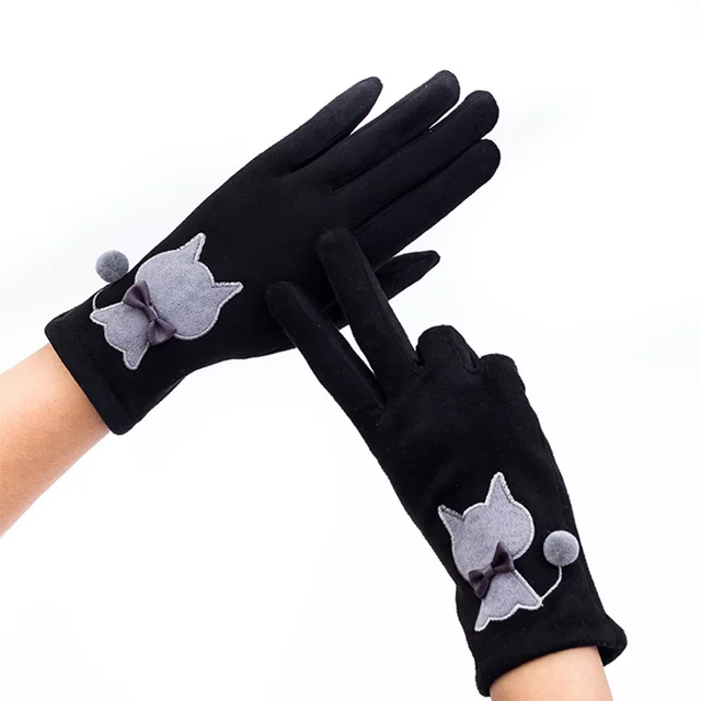 Autumn And Winter Embroidered Cat Touch Screen Gloves Suede Thickened Fleece lined Riding Warm Gloves Black - Shop at LoveMi