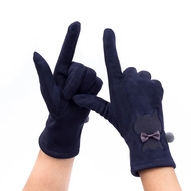 Autumn And Winter Embroidered Cat Touch Screen Gloves Suede Thickened Fleece lined Riding Warm Gloves Navy Blue - Shop at LoveMi