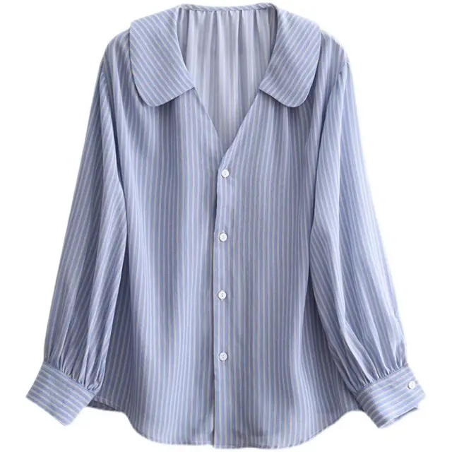 Blue Striped Shirt Small Number Sleeve Loose Blue - Shop at LoveMi