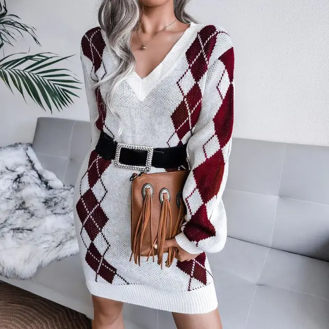 Argyle V Neck Ribbed Trim Sweater Dress Grey - Shop at LoveMi