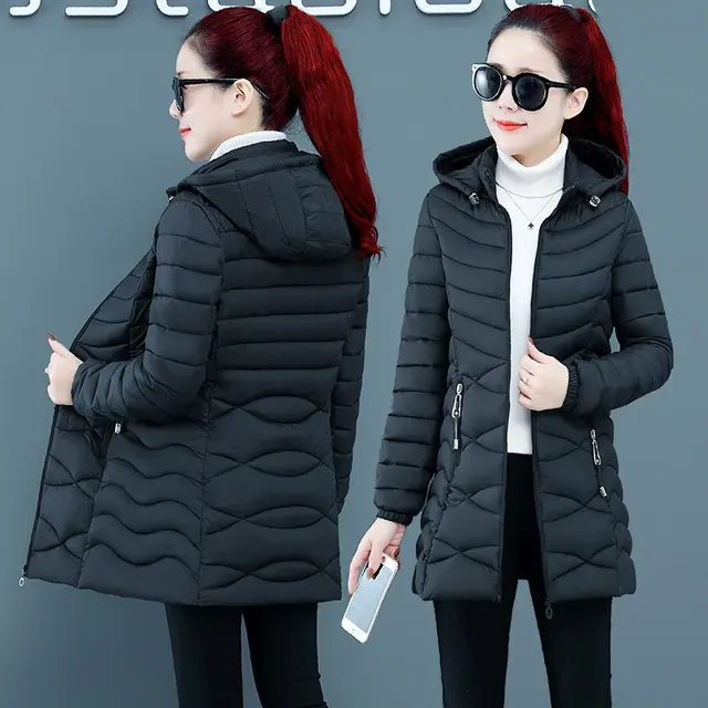 Medium Length Slim Cotton Padded Jacket Women Black - Shop at LoveMi