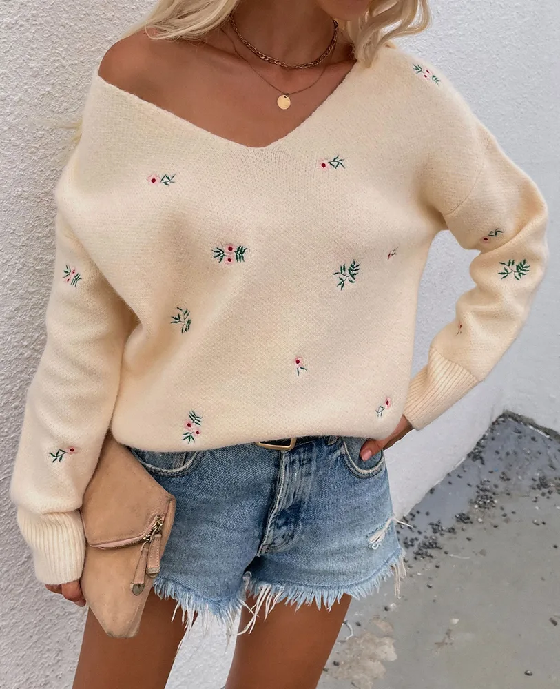 V-neck Pullover Beautifully Embroidered European And American Sweater Woman - Apricot