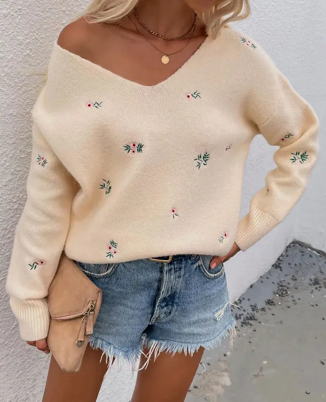 V neck Pullover Beautifully Embroidered European And American Sweater Woman Apricot - Shop at LoveMi