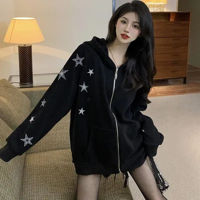 Sweet Cool Stars Embroidered Zipper Hooded Sweatshirt Jacket Female Black - Shop at LoveMi