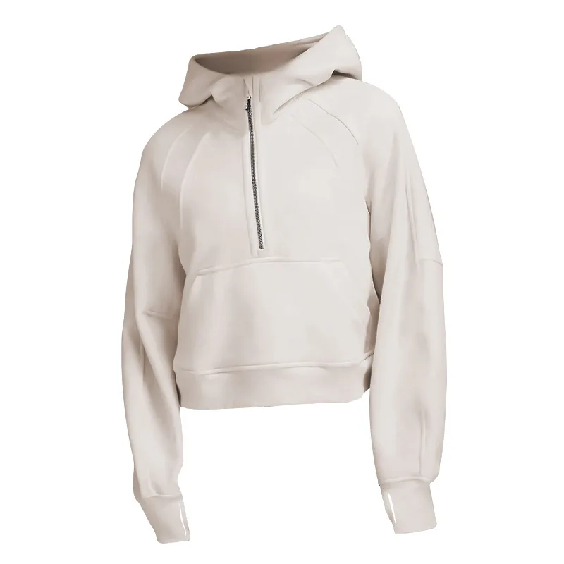 New Women's Sports Fitness Half Zip Hoodie Fleece - Flower White
