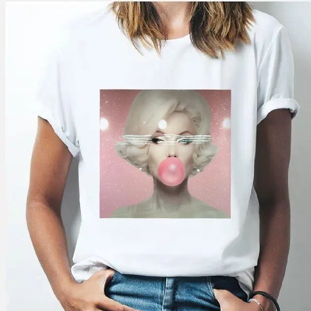 Summer Bubble Blowing Girl Cartoon Print Women's Loose Short Sleeve White Round Neck T shirt 16547 - Shop at LoveMi