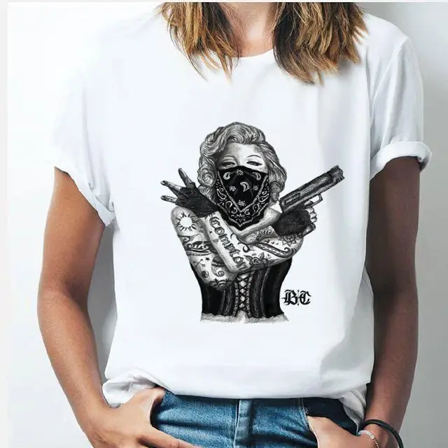 Summer Bubble Blowing Girl Cartoon Print Women's Loose Short Sleeve White Round Neck T shirt 16555 - Shop at LoveMi