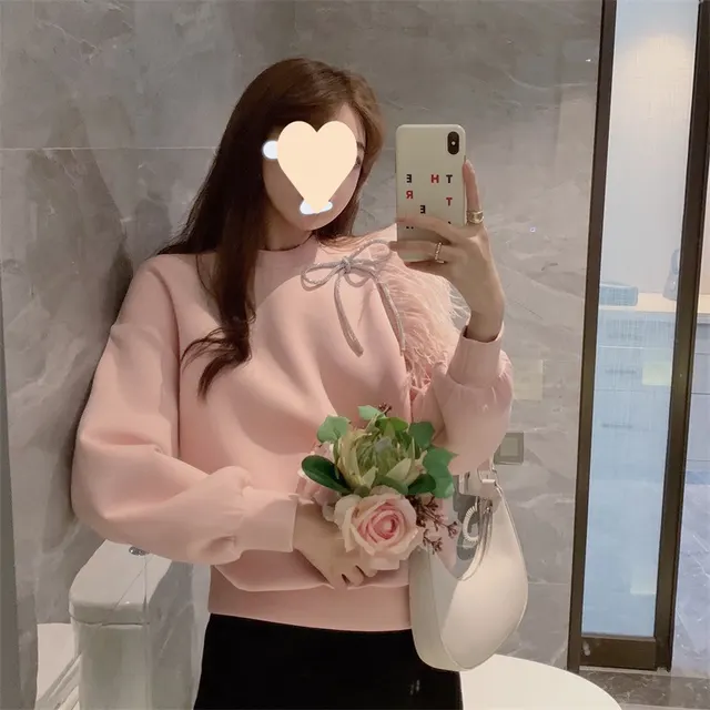 Loose Wild Fairy Feather Bow Pullover Sweater Pink - Shop at LoveMi