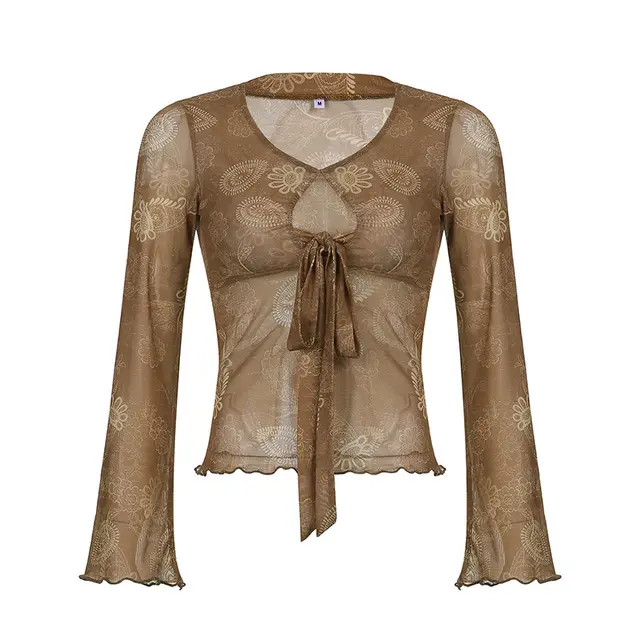 Vintage Cashew Flower Contrast Print Khaki Lace Up Long Sleeve Top Women Khaki - Shop at LoveMi