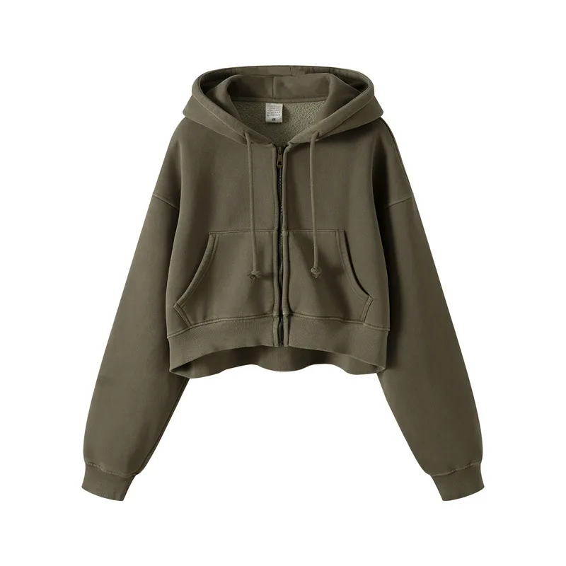 Washed Plush Zipper Hooded Sweater Retro Blouse - Coffee