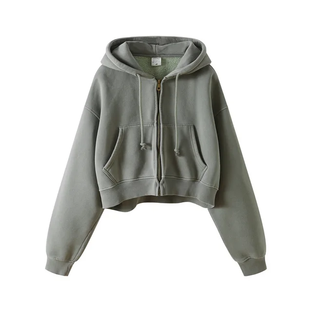Washed Plush Zipper Hooded Sweater Retro Blouse Grey Green - Shop at LoveMi