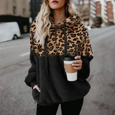 Leopard Print Hooded Sweater Loose Fall Winter Women Clothes Black - Shop at LoveMi