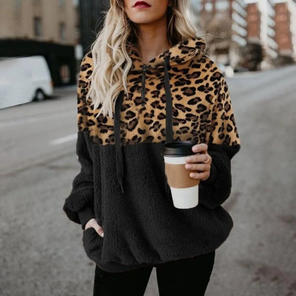 Leopard Print Hooded Sweater Loose Fall Winter Women Clothes Black - Shop at LoveMi