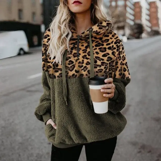 Leopard Print Hooded Sweater Loose Fall Winter Women Clothes Green - Shop at LoveMi