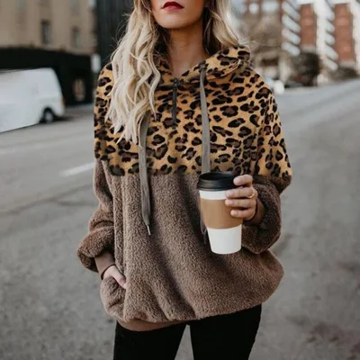 Leopard Print Hooded Sweater Loose Fall Winter Women Clothes Khaki - Shop at LoveMi