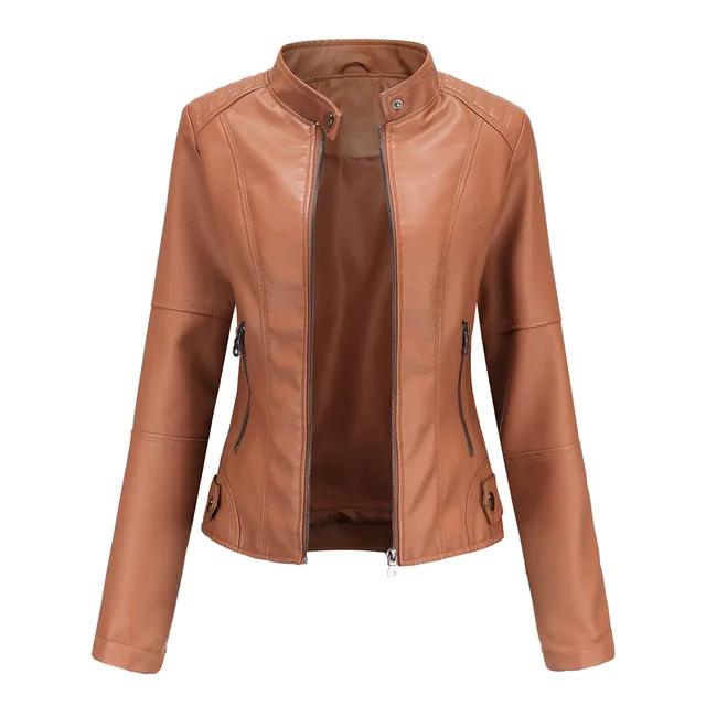 Biker Oversized Stand Collar Leather Jacket Camel - Shop at LoveMi