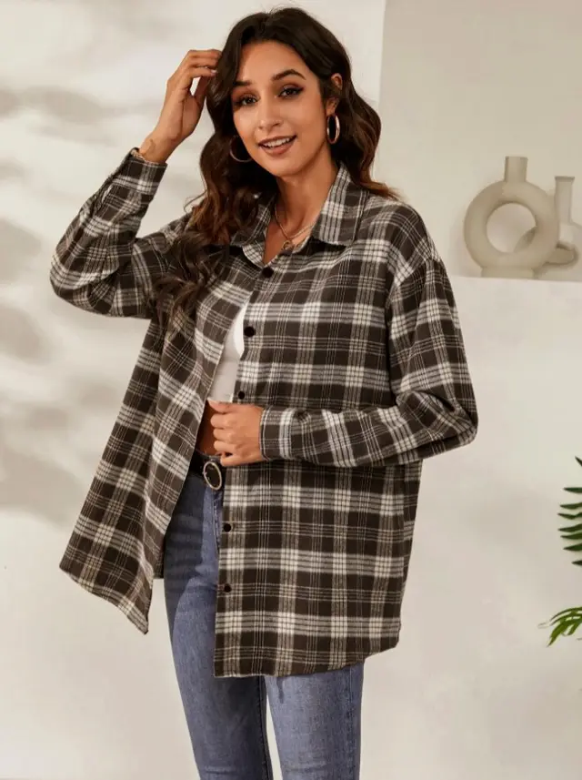 Women's Casual Jacket Long Sleeve Plaid Shirt Khaki - Shop at LoveMi