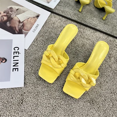 Sandals And Slippers Women Stiletto Fashion Metal Chain Yellow - Shop at LoveMi