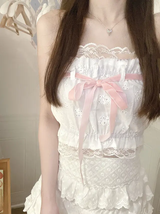 Sweet Lace Embroidered Bow Girl Vest White Bra Pink Bandage - Shop at LoveMi