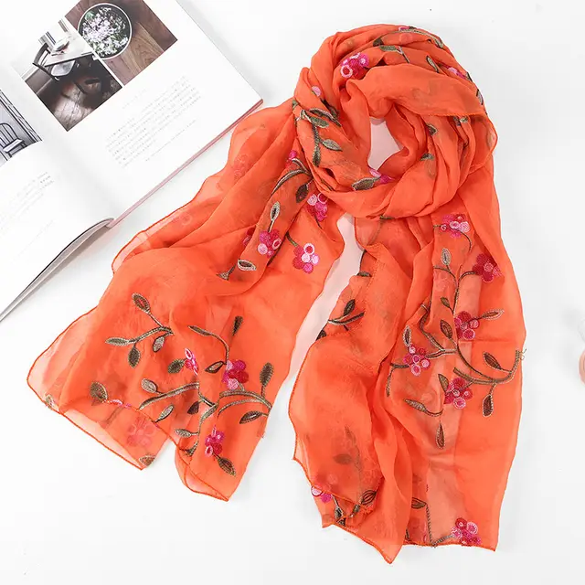 Women's Chiffon Flower Embroidered Silk Scarf Beach Shawl Orange - Shop at LoveMi