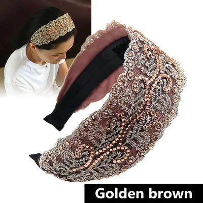 Women's Lace Wide Brim Rhinestone Hair Hoop Gold Brown - Shop at LoveMi