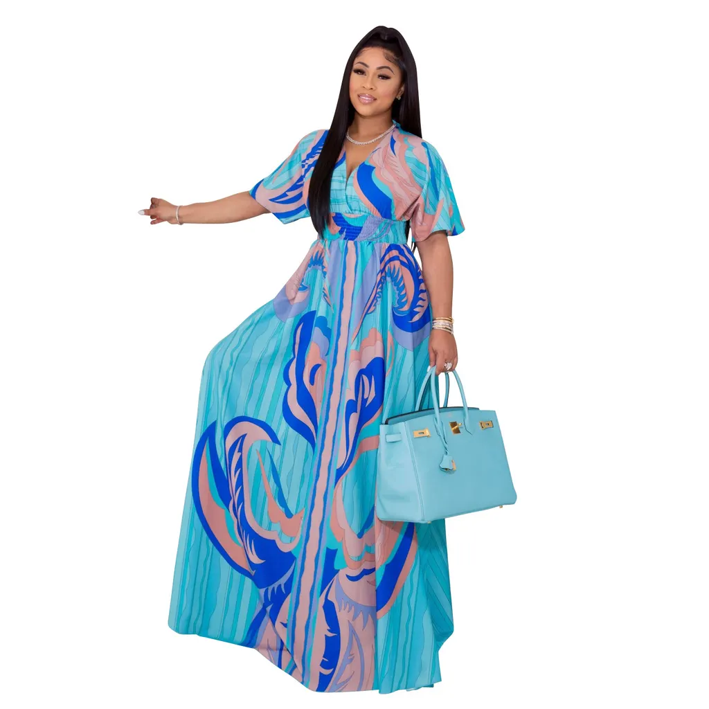 Printed Butterfly Sleeve Women's Large Swing Side Slit Dress - Blue