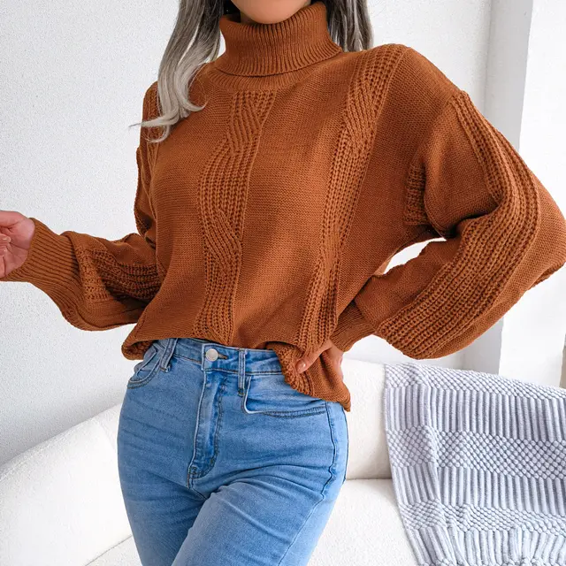 High Neck Fried Dough Twist Lantern Sleeve Bottomed Sweater For Women Brown - Shop at LoveMi