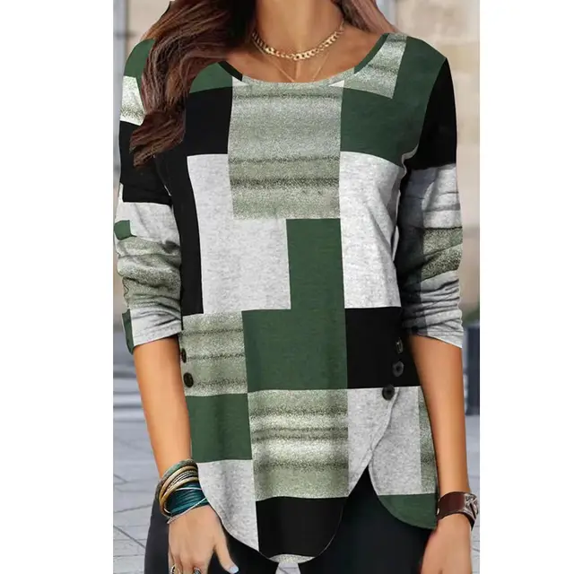 European And American Women's Plaid Long Sleeve Loose Round Neck T shirt Top Green - Shop at LoveMi