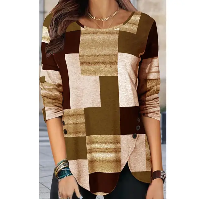 European And American Women's Plaid Long Sleeve Loose Round Neck T shirt Top Khaki - Shop at LoveMi