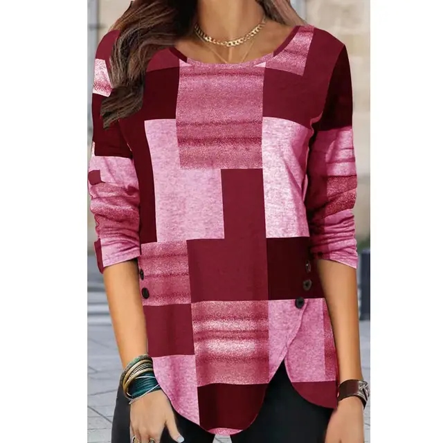 European And American Women's Plaid Long Sleeve Loose Round Neck T shirt Top Red - Shop at LoveMi