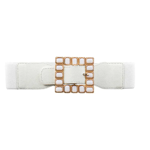 New Women's Wide Belt Black And White Square Drill High Elastic Elastic Senior Needle Buckle Waist Seal With Autumn And Winter Coat Belt White - Shop at LoveMi