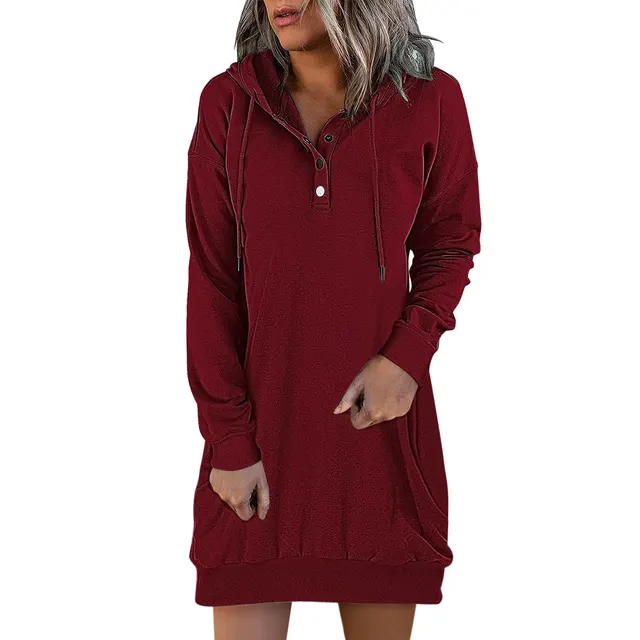 New Hot Fashion Women's Solid Hooded Drawstring Sweater Dark Red - Shop at LoveMi