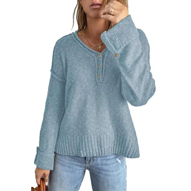 Women's Fashion New Loose Button Knitted Shoulder Sweater Light Blue - Shop at LoveMi