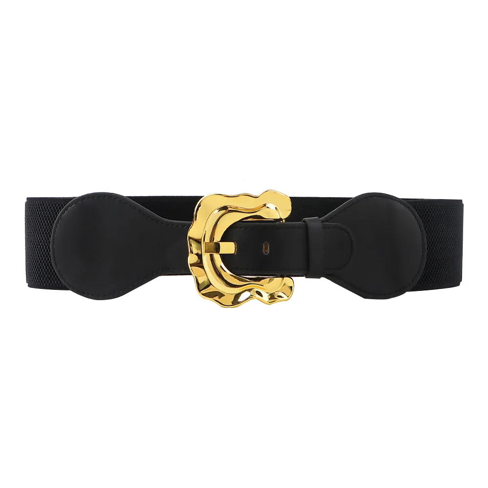 New Autumn And Winter Women's Wide Belt Elastic Elastic Irregular Flanged Alloy Buttonhead Smooth With Shirt Sweater Jacket Waist Seal Black - Shop at LoveMi