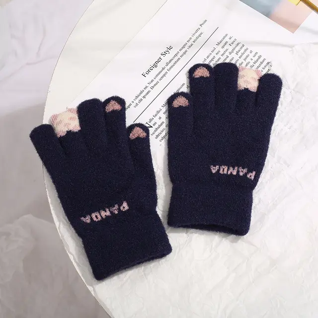 Knitted Gloves Touchscreen Winter Cute Panda Warm Goves For Cycling Women Dark Blue - Shop at LoveMi