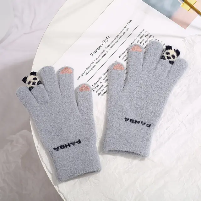 Knitted Gloves Touchscreen Winter Cute Panda Warm Goves For Cycling Women Grey - Shop at LoveMi