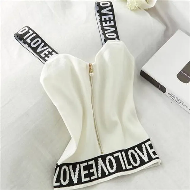 Short English Letter Knit Halter Pearl Zipper Small Vest White - Shop at LoveMi