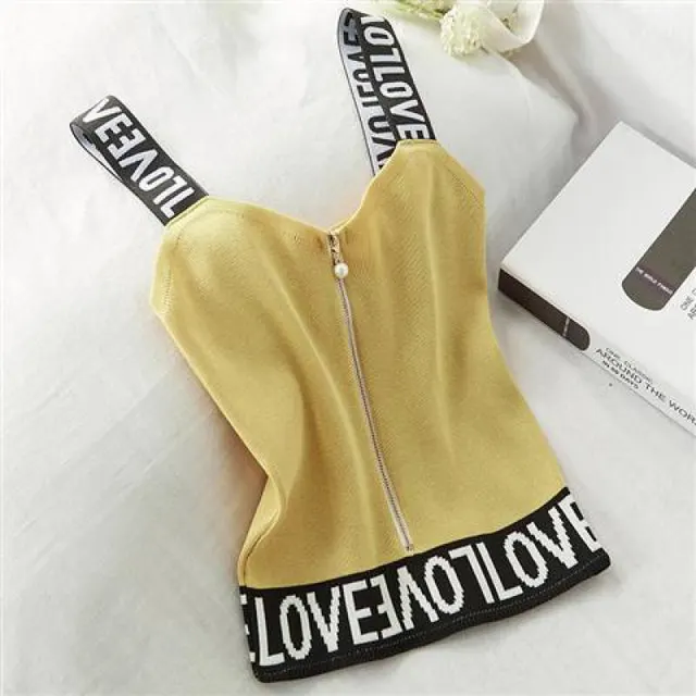 Short English Letter Knit Halter Pearl Zipper Small Vest Yellow - Shop at LoveMi