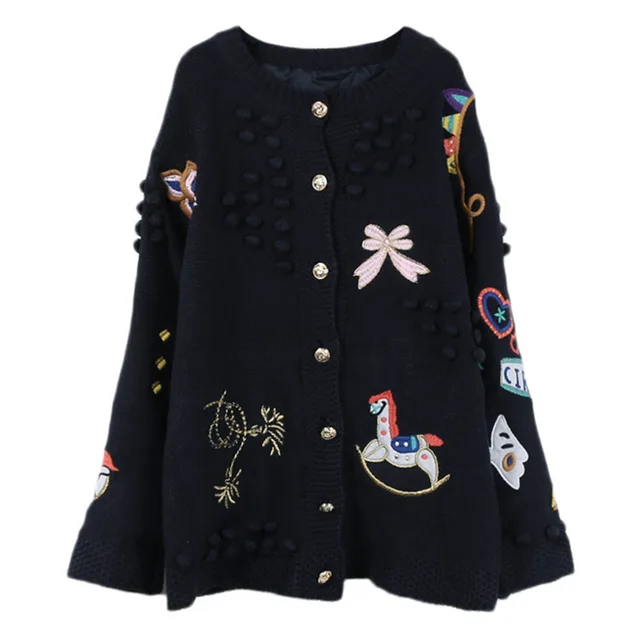 Women's Sweater Long Sleeve Cartoon Embroidered Loose Knit Cardigan Purplish Blue - Shop at LoveMi