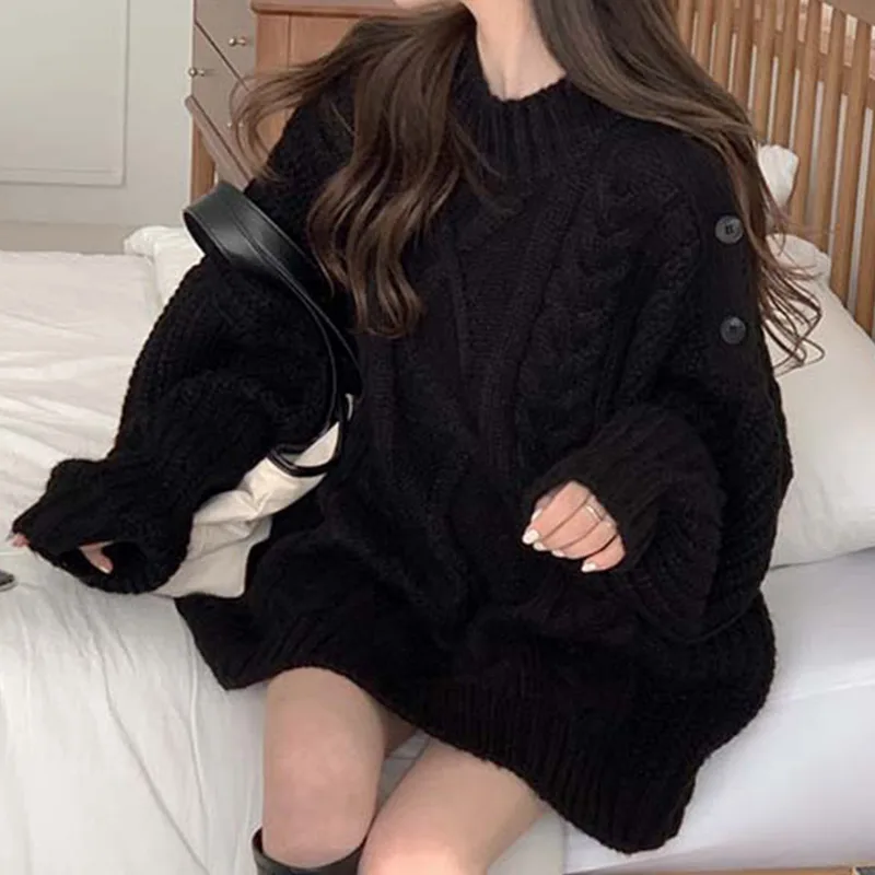 Gentle Lazy Style Round Neck Side Button Fried Dough Twist Knit Sweater Black - Shop at LoveMi
