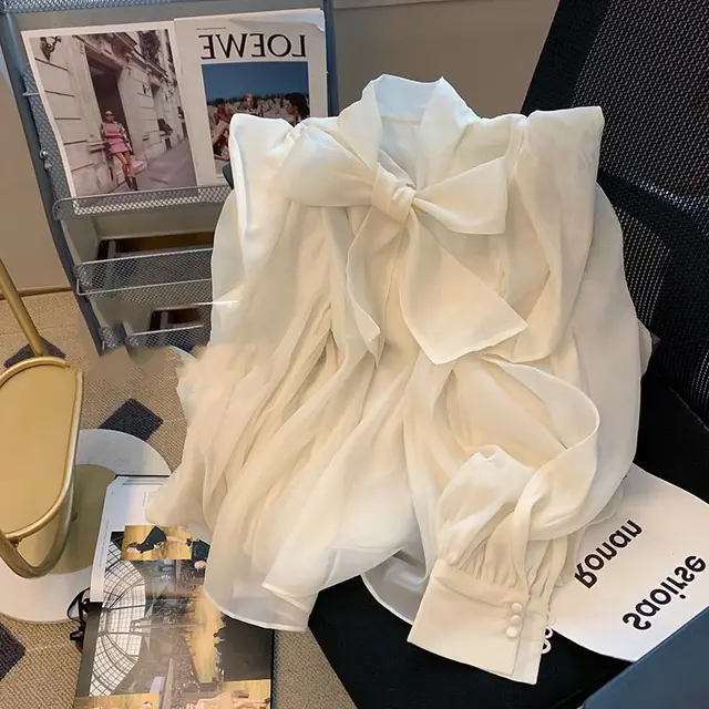 French Bow Chiffon Shirt Women Loose And Beautiful Picture Color - Shop at LoveMi