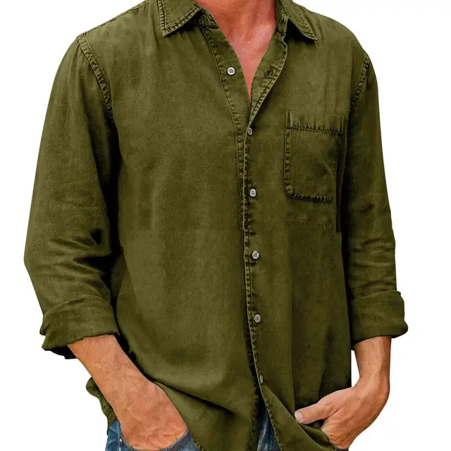 Men's Casual Solid Color Long Sleeve Shirt Olive - Shop at LoveMi
