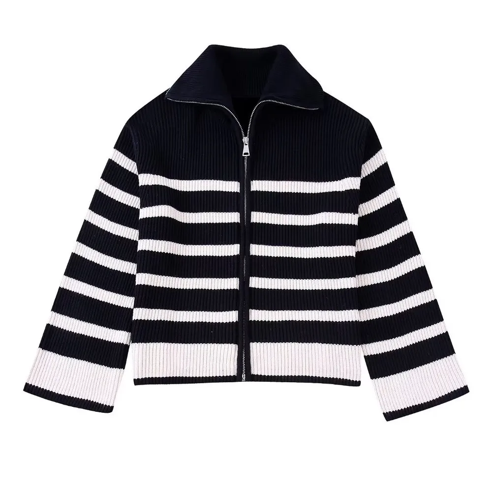Women's High Neck Striped Contrast Sweater Black White - Shop at LoveMi