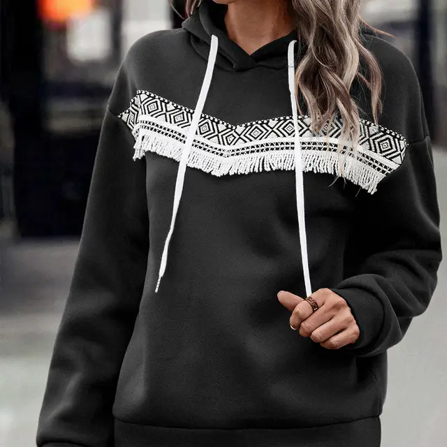 Autumn And Winter European And American Women's Clothing Hooded Lace Casual Sweatshirt Black - Shop at LoveMi